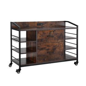 2 Drawers Metal File Cabinet, Lateral Filing Cabinet with Lock and 6 Open Shelves, Wooden Wide Filing Storage Cabinets with Power Strip for Lette