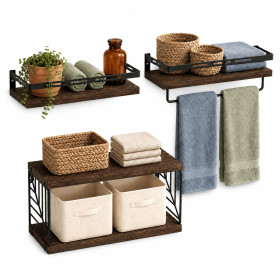 3-Piece Floating Wall Shelves Set, Rustic Brown Wood Wall Mounted Shelves with Towel Bar and Metal Guardrails, 22 lb Capacity Per Shelf