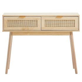 Rattan Console Table with 2 Storage Drawers, Rattan Entryway Table with Natural Rattan Sliding Door, Console Sofa Table for Living Room, Study