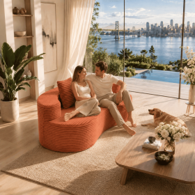 Boneless Compressed Modular Sofa, Soft Striped Corduroy Floor Couch with Deep Seat, Wide Armrests and Back Pillows (Color: Terracotta Orange)