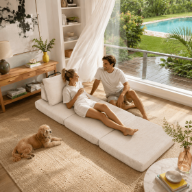 Convertible Boneless Floor Sofa Bed, Compressed Lounge Couch with Deep Seat & Supportive Backrest (Color: Ivory Cream)