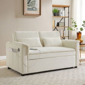 55" Velvet Two Seater Pull Out Sofa Bed, Adjustable Backrest With USB Ports, Two Side Pockets, 3 in 1 Convertible Sleeper Sofa Bed (Color: as Pic)