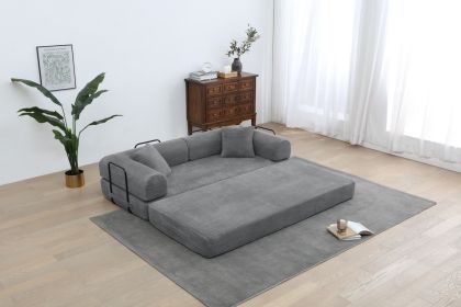 Convertible Sleeper Sofa Bed with Cylindrical Pillow, Corduroy Folding Mattress Couch with Fixed-Shape Frame (Color: Dark gray)