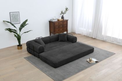 Convertible Sleeper Sofa Bed with Cylindrical Pillow, Corduroy Folding Mattress Couch with Fixed-Shape Frame (Color: BLACK)