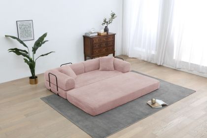 Convertible Sleeper Sofa Bed with Cylindrical Pillow, Corduroy Folding Mattress Couch with Fixed-Shape Frame (Color: Pink)