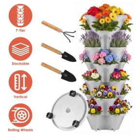 7 Tier Stackable Vertical Planter with Wheels Strawberry Planter Tower Space Saving Garden Planter with Drainage System Rolling Herb Flower Veget (Option: Grey)